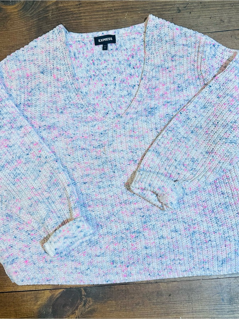 Express Women's Speckled V-Neck Sweater - Cream with Pink and Blue Speckles